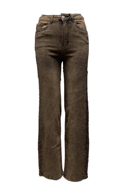 Jeans palazzo strass laterali lav. terra